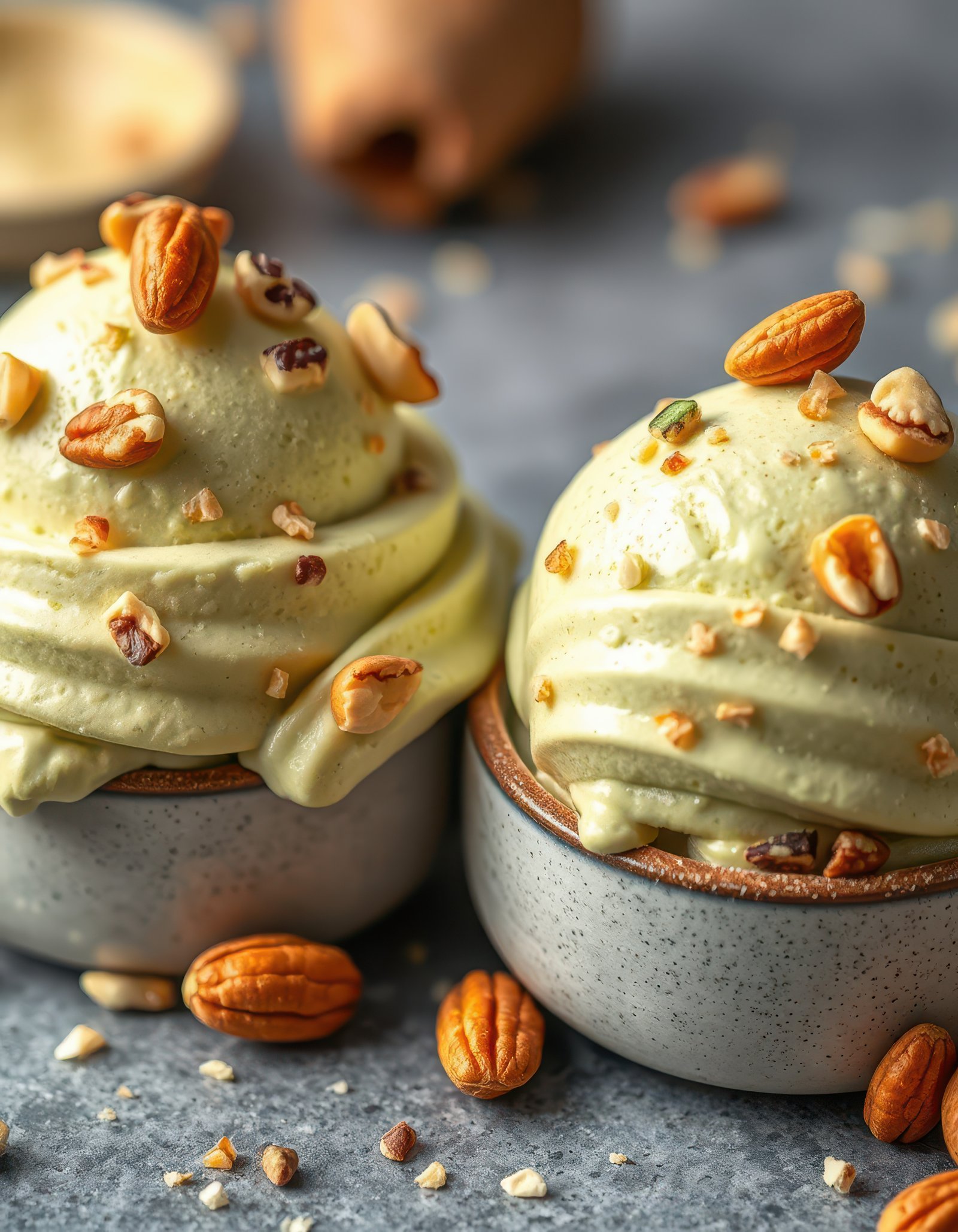 Creamy green dessert topped with crunchy nuts served in small bowls on a textured surface